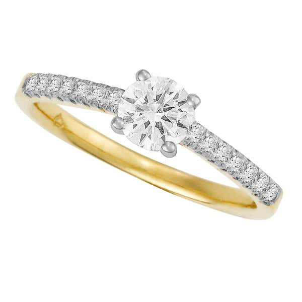 18ct Yellow Gold 4 Claw Round Brilliant-cut Diamond Ring with Round Brilliant-cut Shoulders