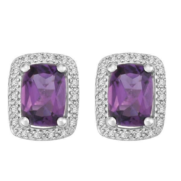 9ct White Gold Cushion Amethyst and  Round Brilliant-cut Diamond Earrings