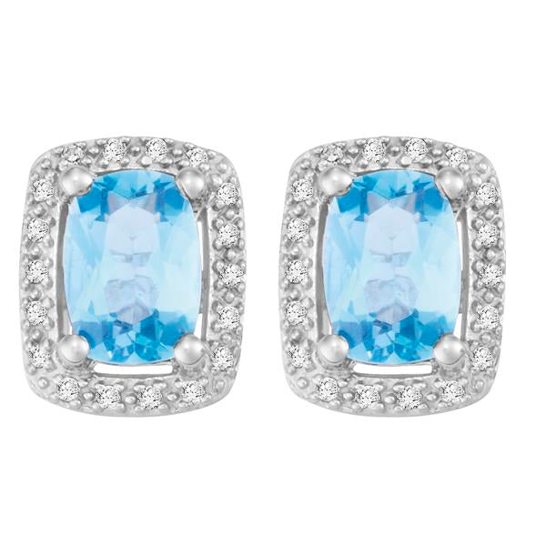 9ct White Gold Cushion Blue Topaz and  Round Brilliant-cut Diamond Earrings
