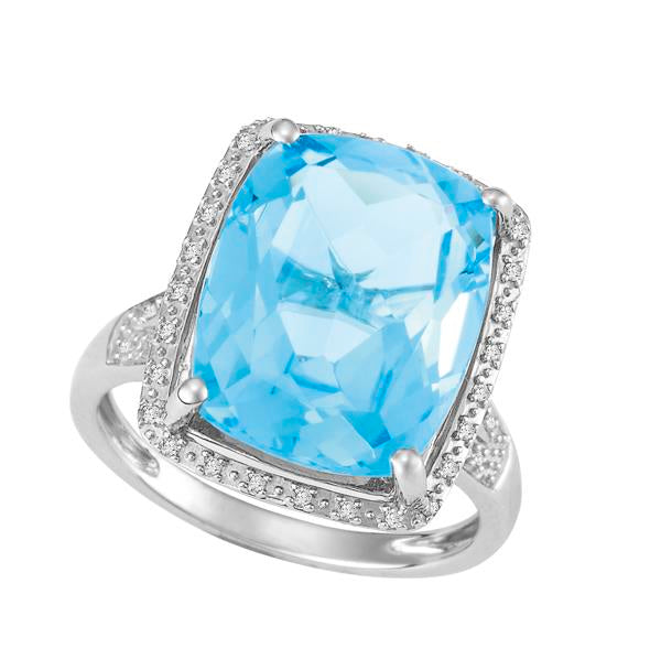 9ct White Gold Cushion Blue Topaz and Round Brilliant-cut Diamond Ring