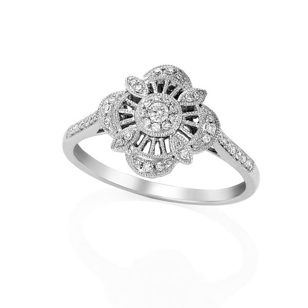 9ct White Gold Diamond Shape Flower with Round Brilliant-cut Diamonds Ring