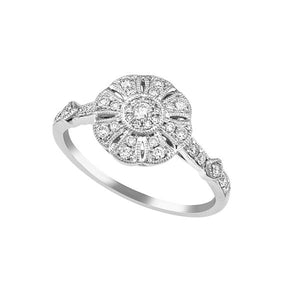 9ct White Gold Round Brilliant-cut Diamond Art Deco Style Cluster Ring