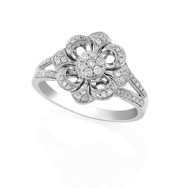 9ct White Gold Round Brilliant-cut Diamond Decorative Flower Ring