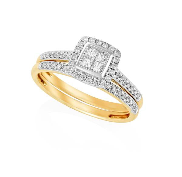 9ct Yellow Gold Invisible Set Princess Cut Ring and Matching Round Brilliant-cut Diamond Wedder Set